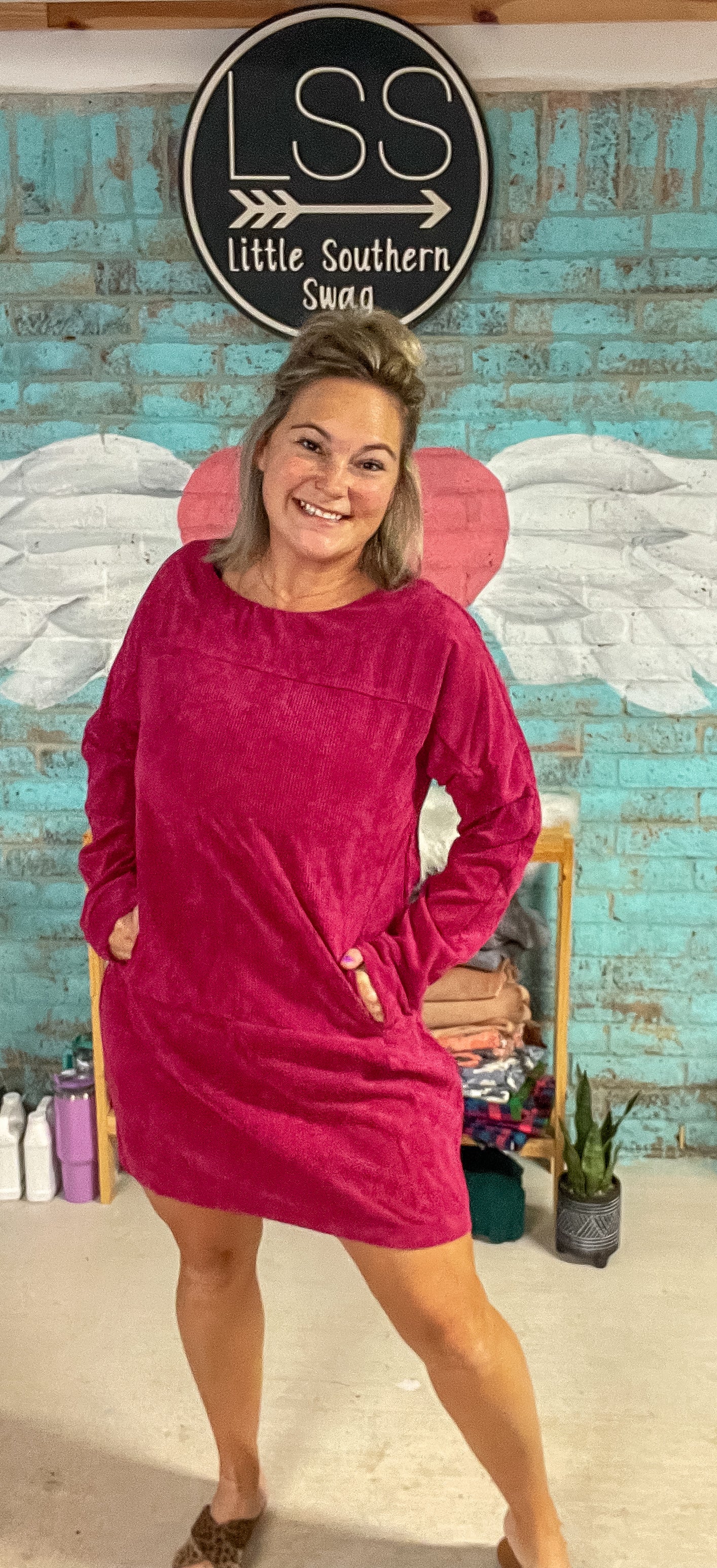 Long Sleeve Pocket Corduroy Magenta Dress