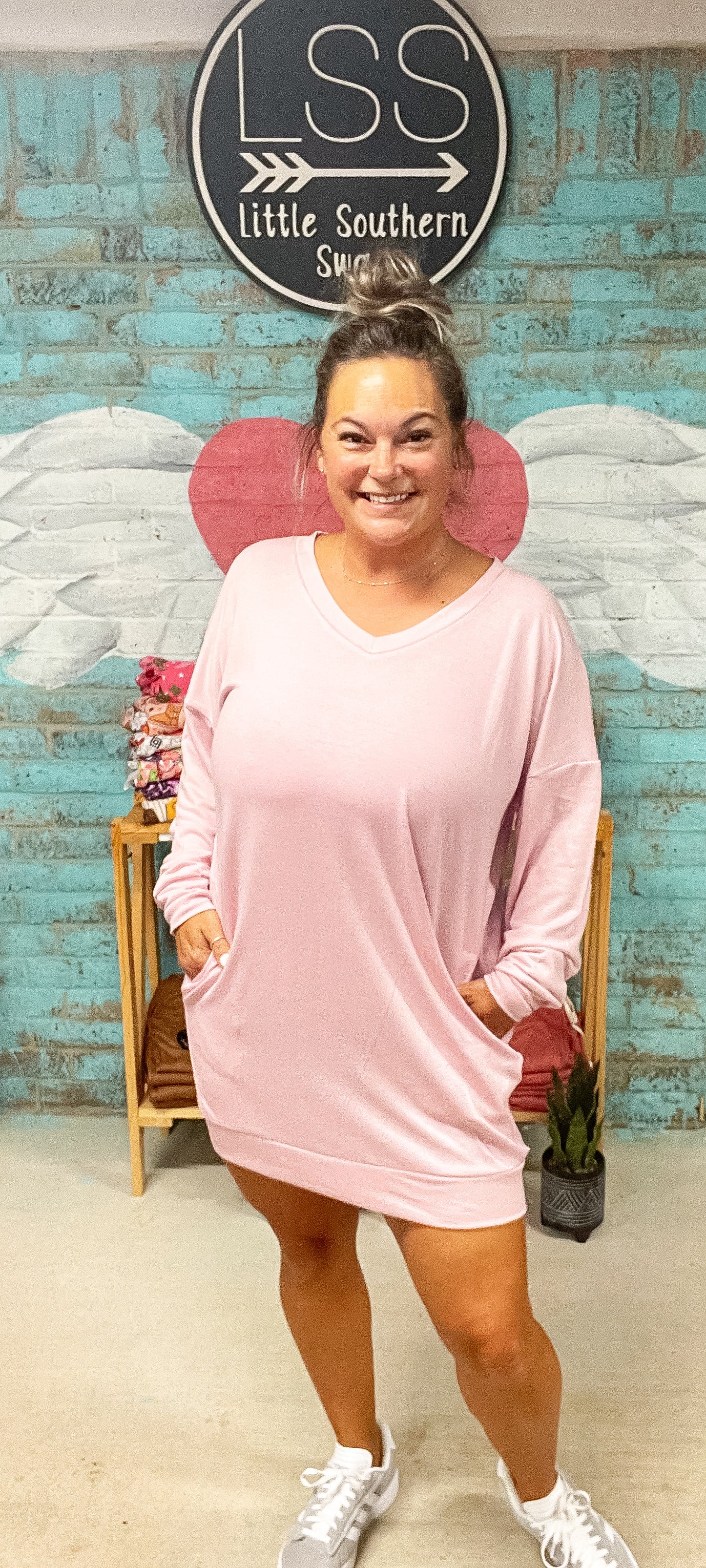 Long Sleeve Pocket Dress-Lite Pink