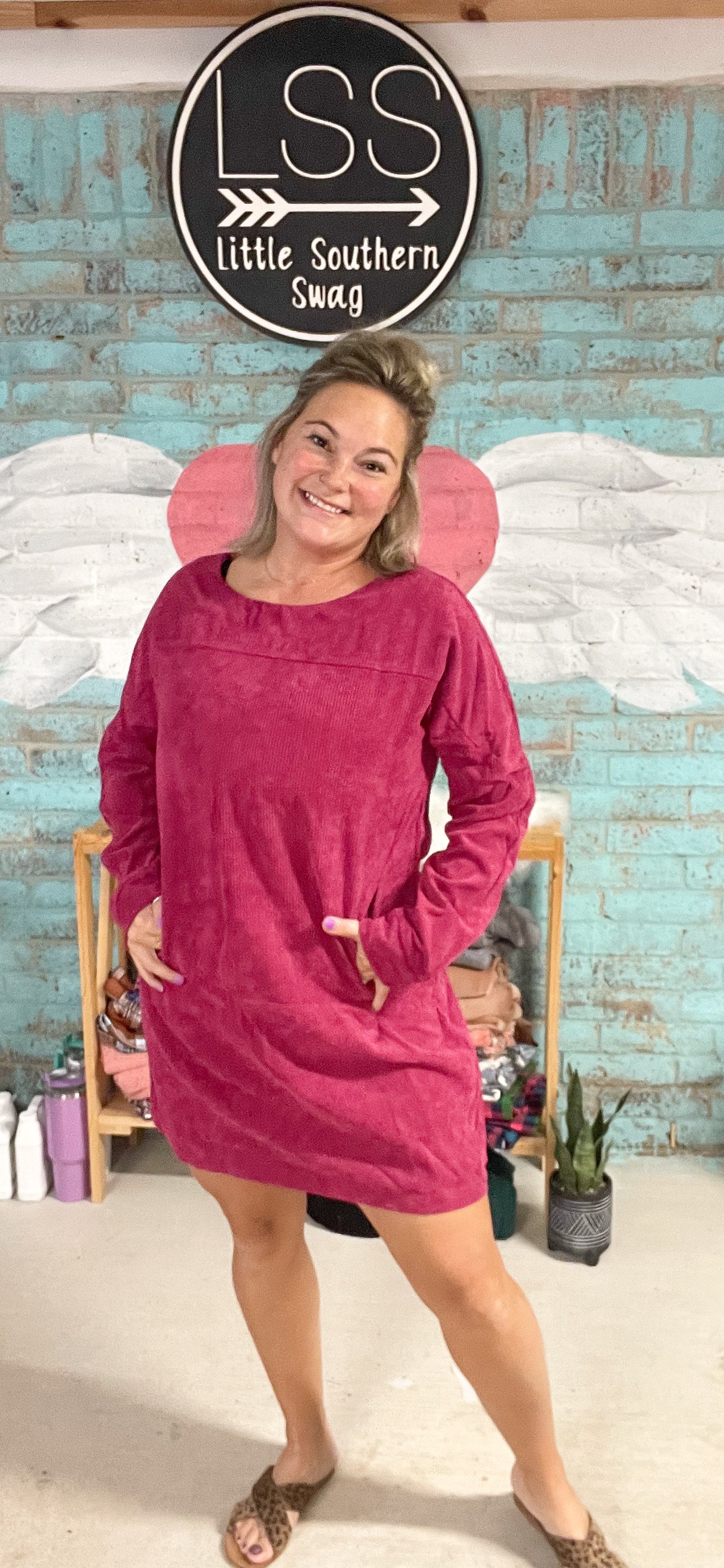 Long Sleeve Pocket Corduroy Magenta Dress