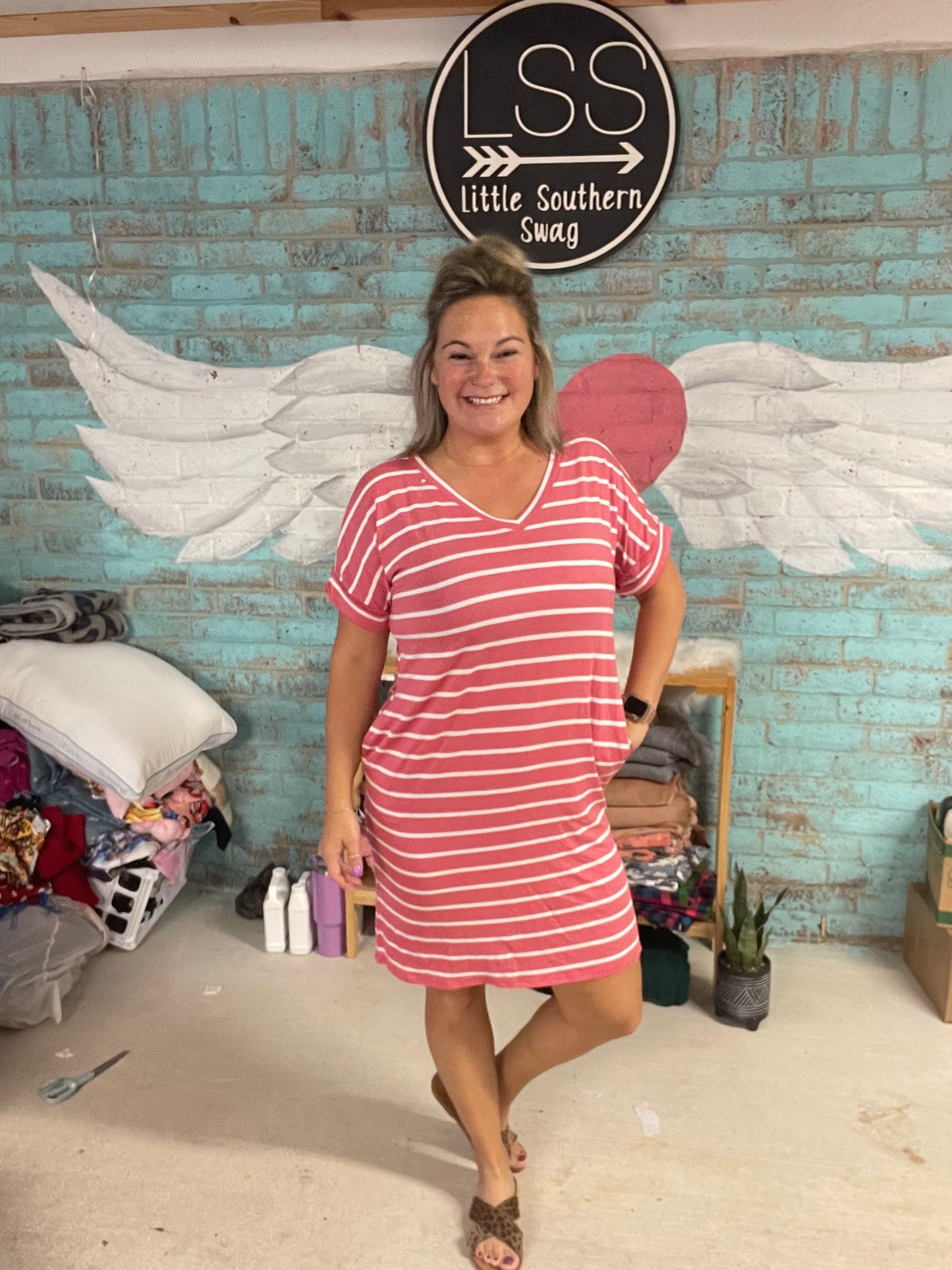 Short Sleeve Striped Pocket Dress-Pink