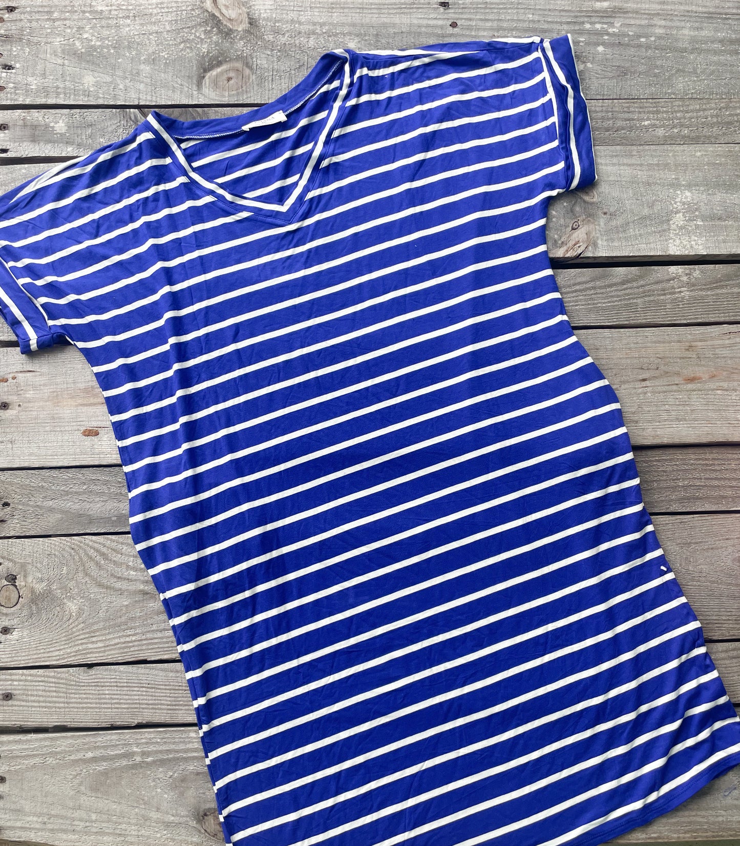 Short Sleeve Striped Pocket Dress-Royal Blue