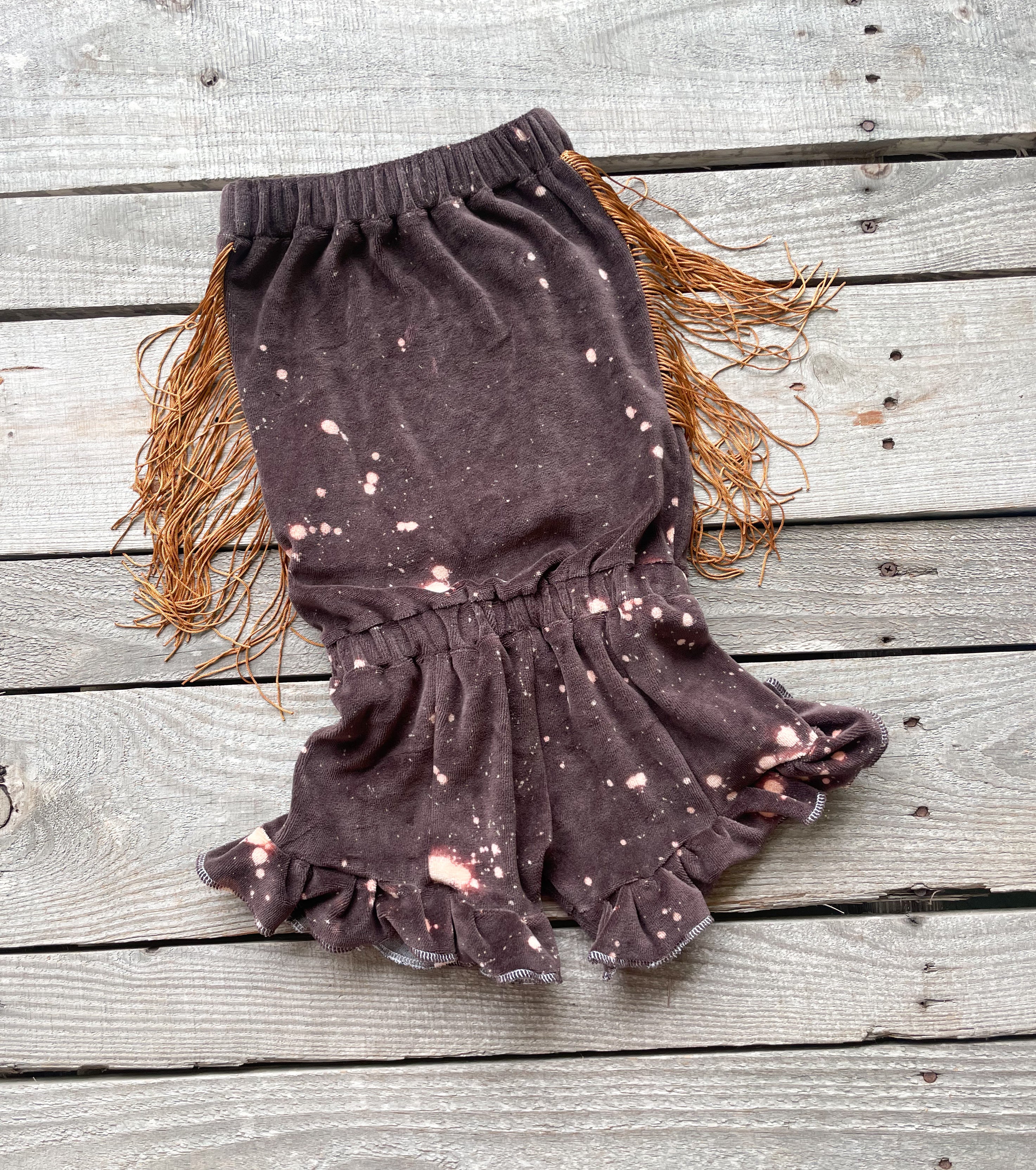 Acid Washed Brown Velvet Fringe Romper